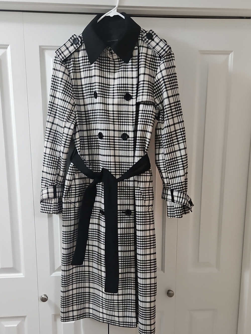 Ann Taylor Black and White Plaid Trench Coat